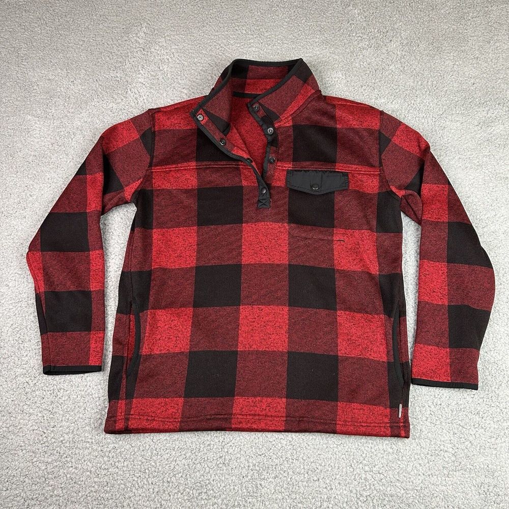Eddie Bauer Sweater Womens Medium Red Buffalo Plaid Check Pullover 1/4 Snap